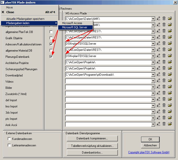 planTEK Pfade ändern