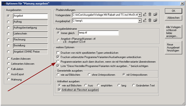 Optionen für Planung ausgeben Optionen für Planung ausgeben