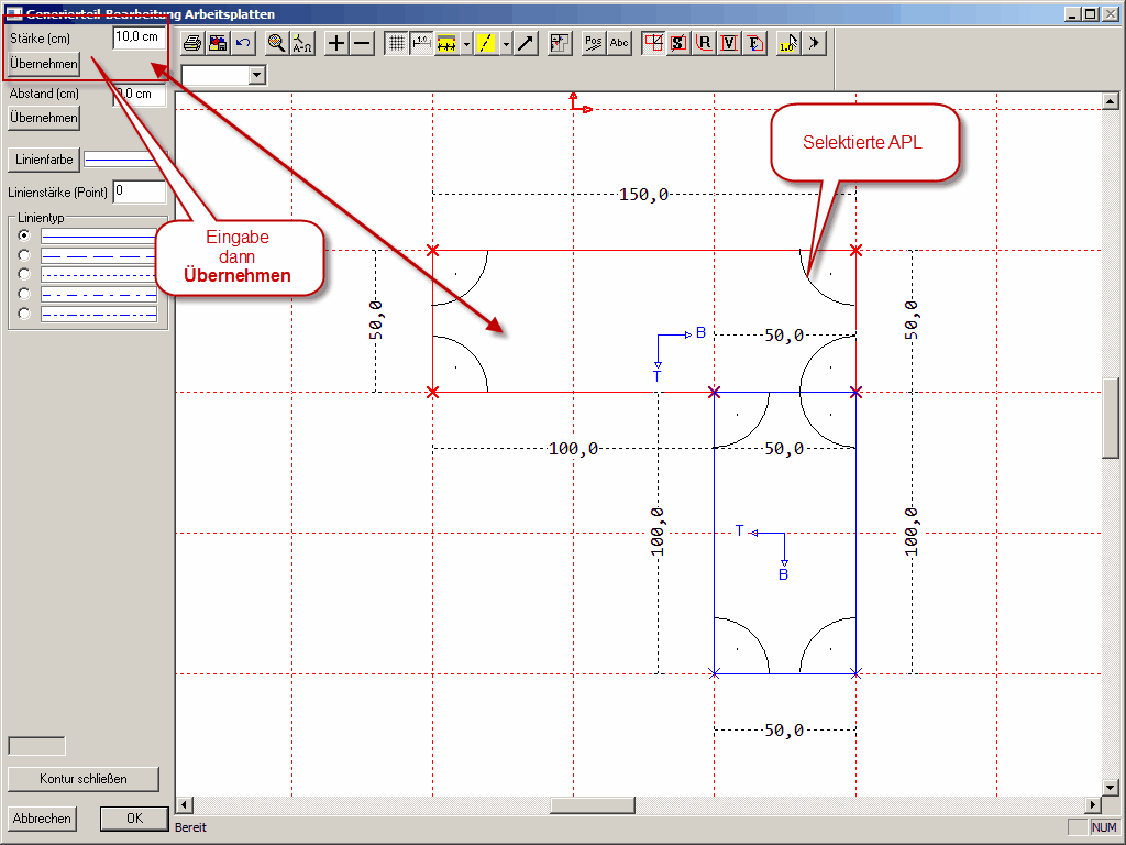 Arbeitsplatten Bearbeitung Generierteile bearbeiten Dialog Arbeitsplatten Bearbeitung Generierteile bearbeiten Dialog